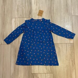 NWT Baby Boden Printed Blue Floral Long Sleeve Jersey Dress, girls 18-24M